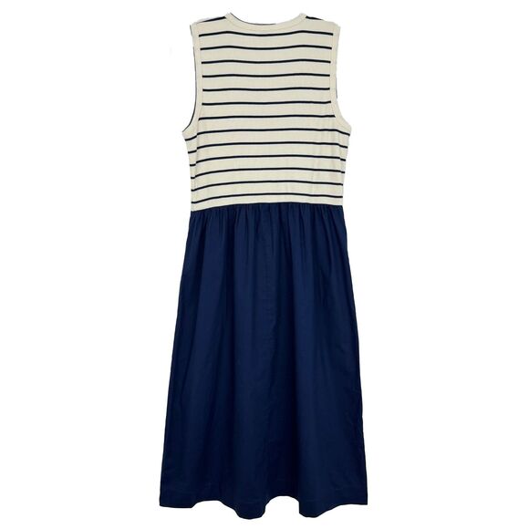 J.CREW Striped Ribbed-Knit Mixy Dress L Ivory Navy Blue Midi Fit Flare NWT B85 - Picture 2 of 6